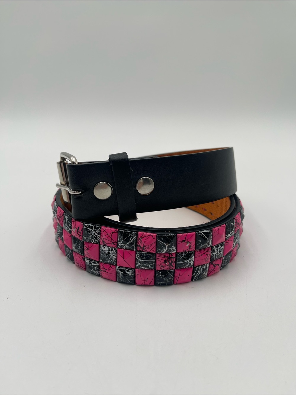 Pink & Black Three Row Pyramid Stud Belt Genuine Leather L38-40 Goth Emo